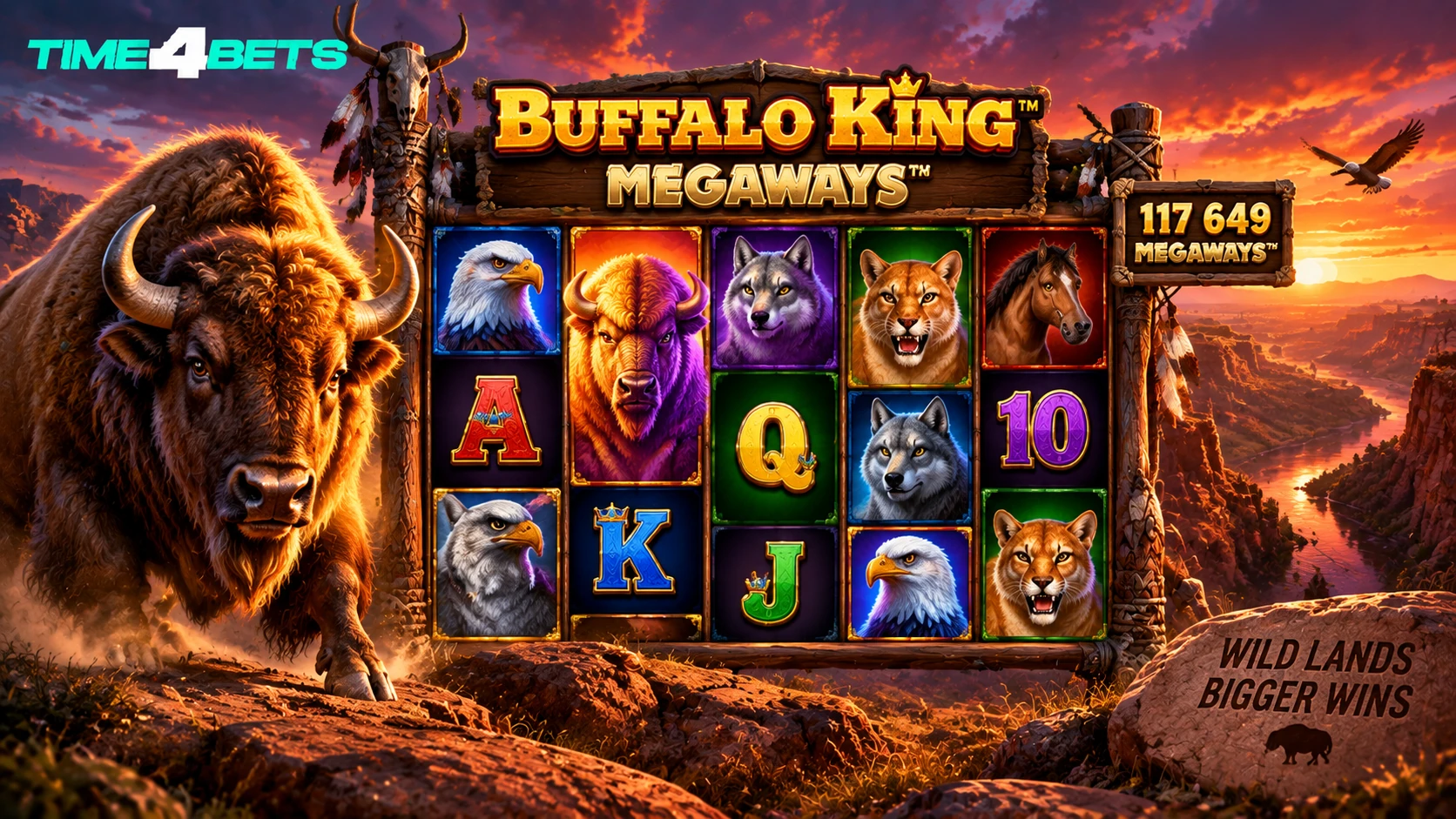 Buffalo King Megaways slot reels with wild bison and desert canyon