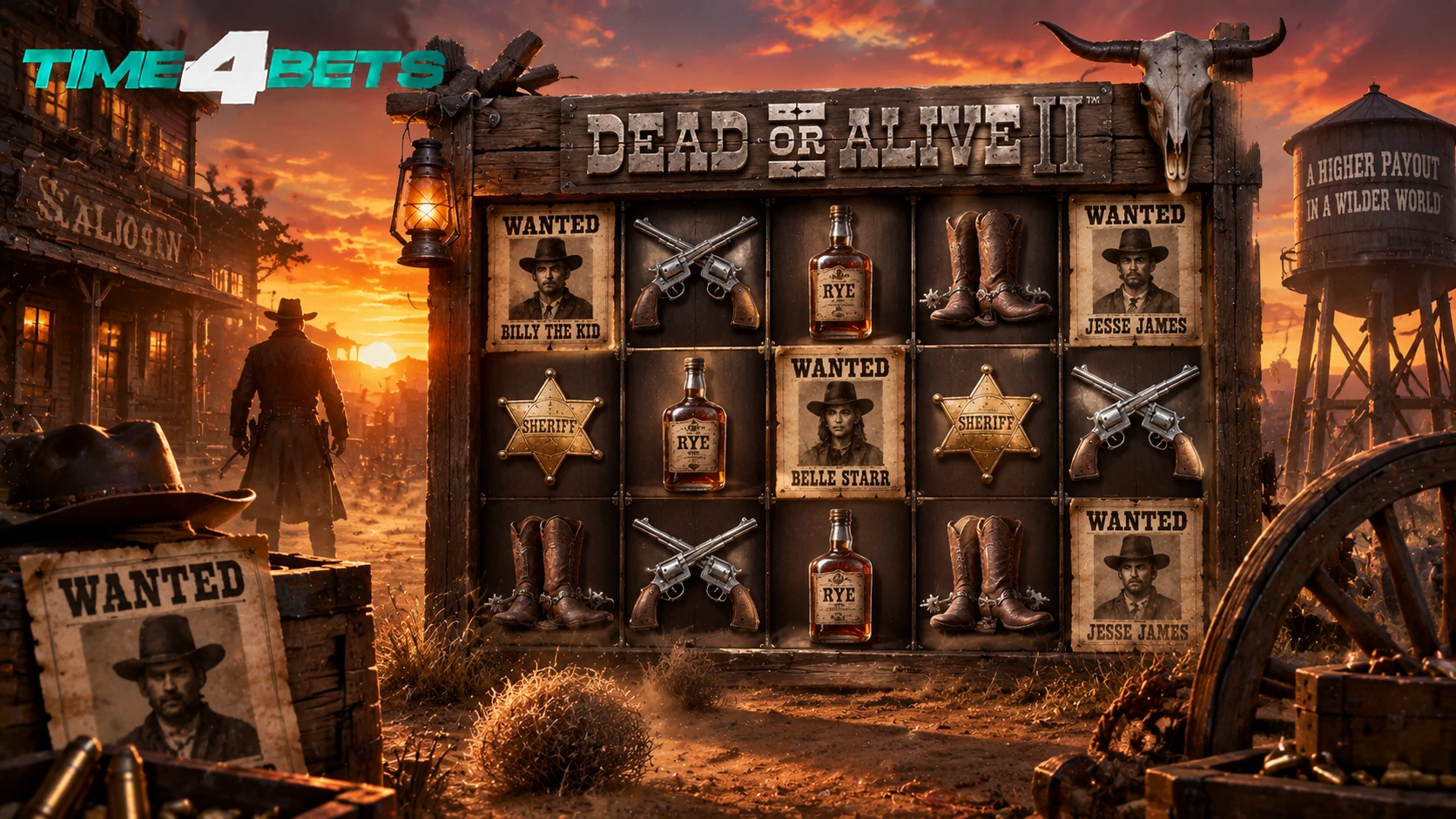 Dead or Alive 2 slot reels with wanted posters and Wild West town