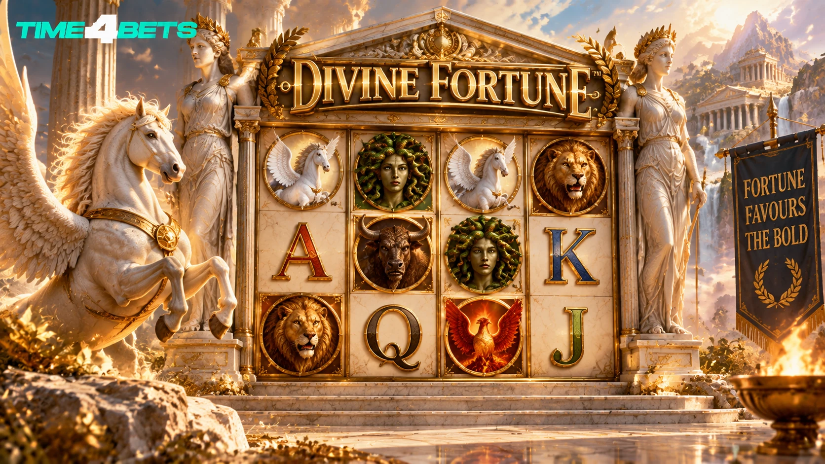 Divine Fortune slot reels with winged Pegasus and Greek temple statues