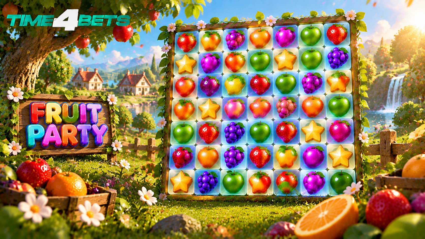 Fruit Party 7x7 cluster slot grid with fresh glossy fruits