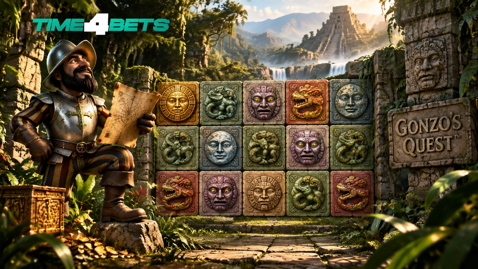 Gonzo's Quest stone block slot reels and explorer in Mayan ruins
