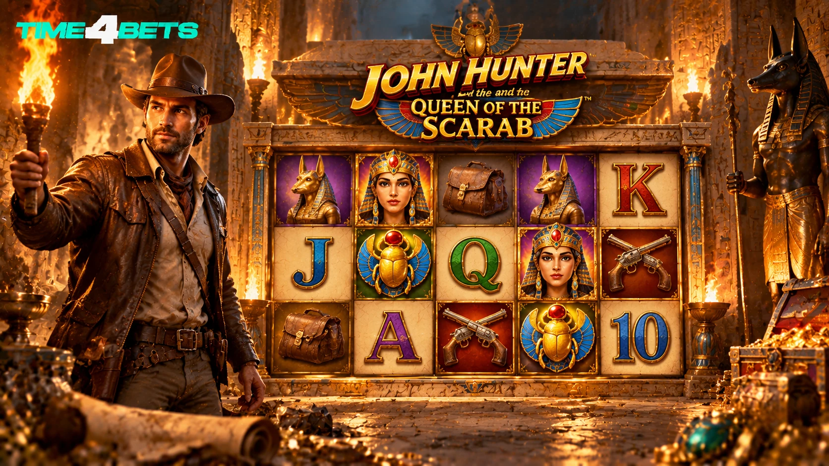 John Hunter slot reels with explorer and Egyptian tomb artifacts