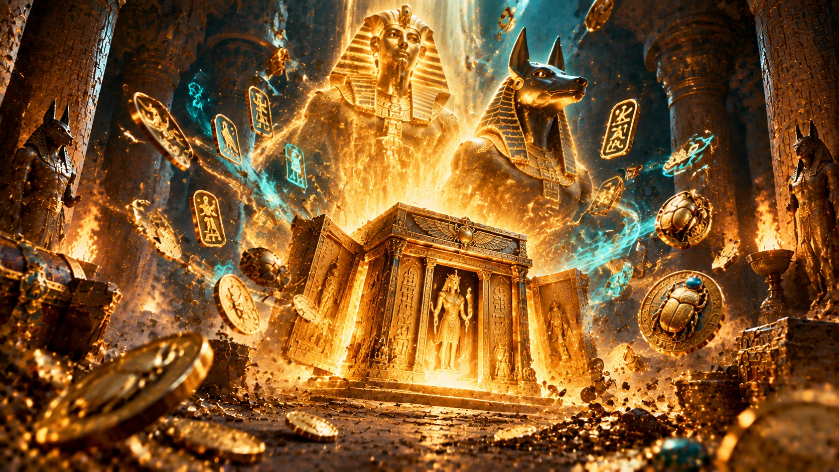 Legacy of Dead expanding symbols bonus with opening golden burial shrine and pharaoh