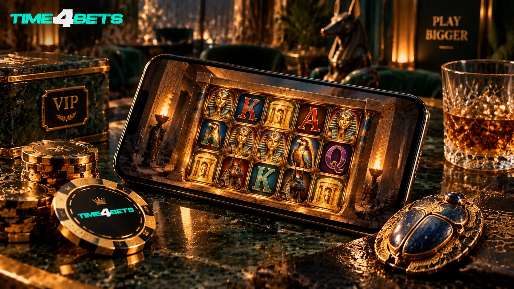 Legacy of Dead mobile casino gaming on luxury malachite table with gold chips