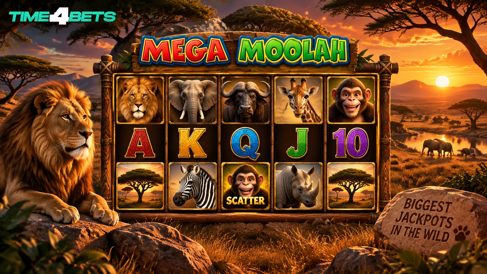 Mega Moolah slot reels with lion, elephant, and savannah animals