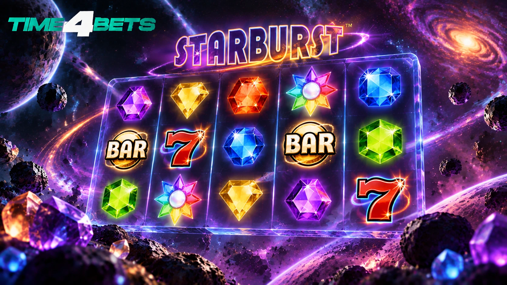 Starburst slot reels with glowing colorful cosmos gemstones