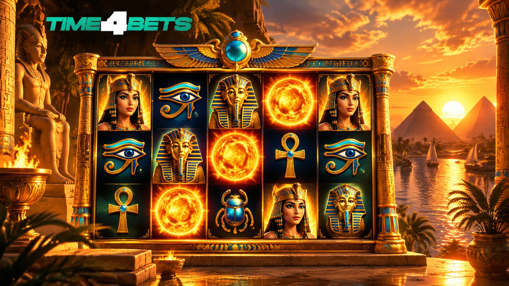 Sun of Egypt 3 slot reels with golden suns and Pharaoh symbols